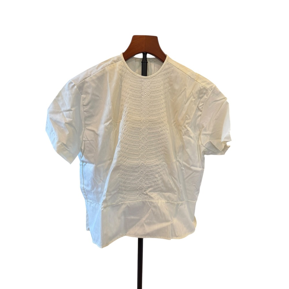 Vintage Springmaid Bounce White Cotton Embroidered Bib Blouse Button Back Sz 38